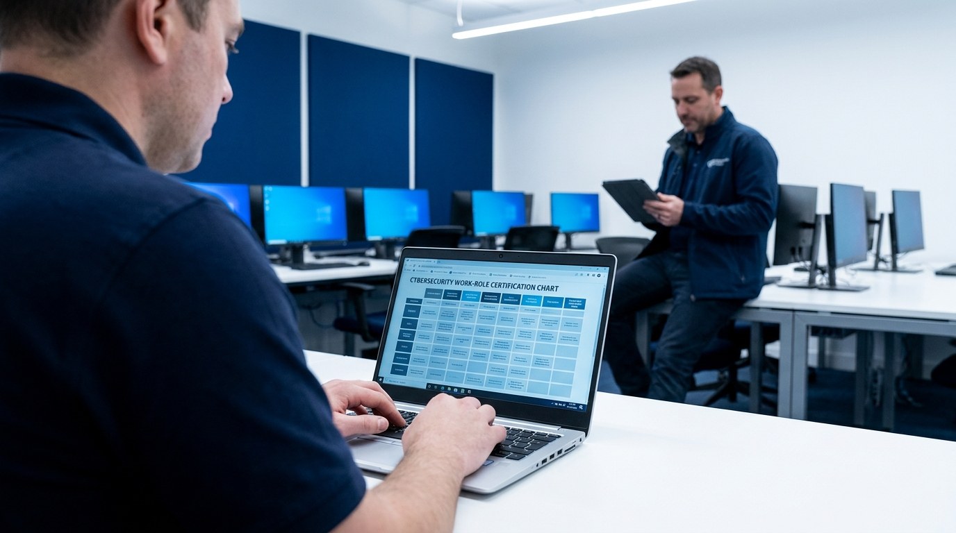 Student and instructor reviewing a DoD 8140 certification work role chart