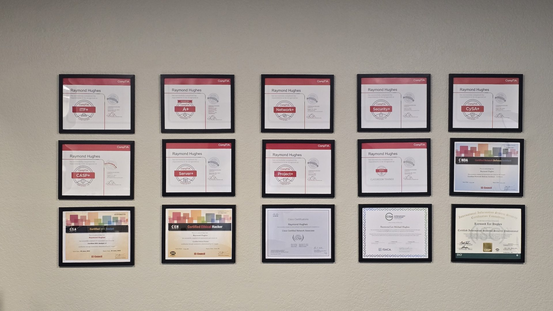 Wall of instructor IT certifications