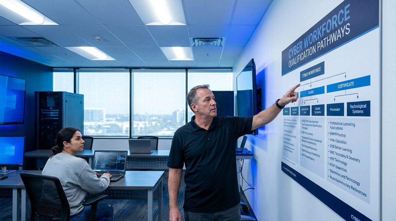 Instructor reviewing DoD 8140 work role qualifications with a certification student