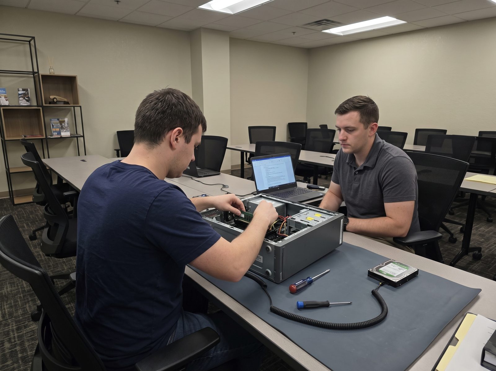 Student installing memory in a desktop PC during CompTIA A+ hands-on hardware training