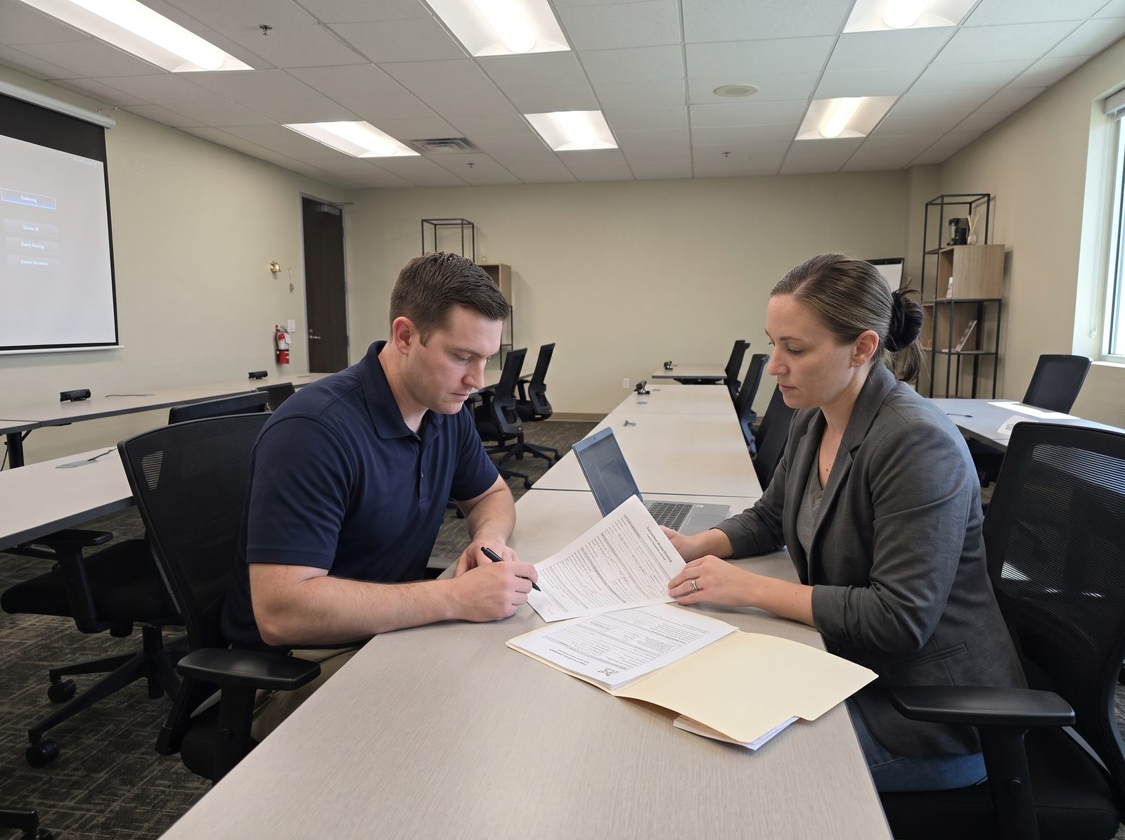 Service member reviewing an SF-182 training request form with a training coordinator
