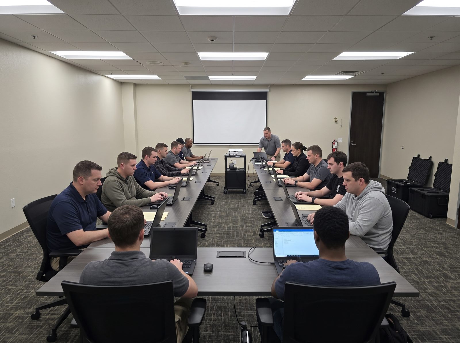 Instructor teaching an on-site cybersecurity certification class in a command conference room